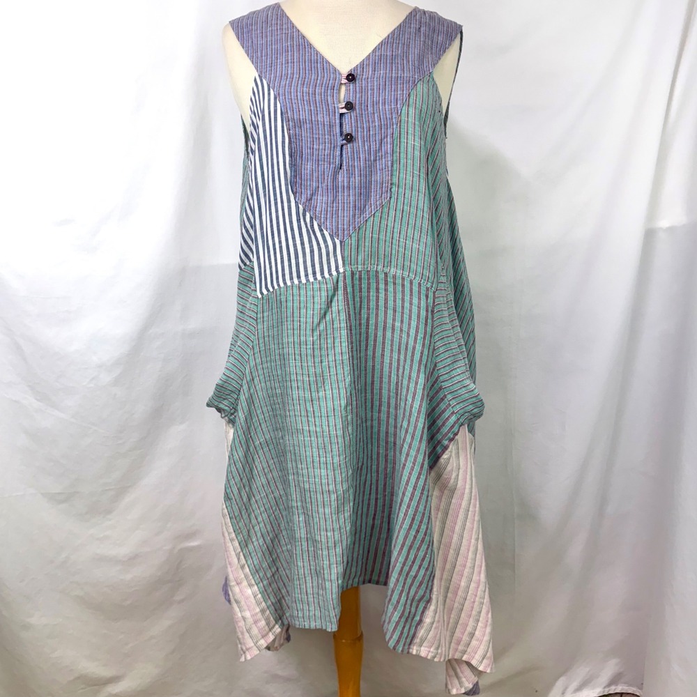 SACRED THREADS Linen Cotton Patchwork Dress Pockets Lagenlook Boho Hippie O/S